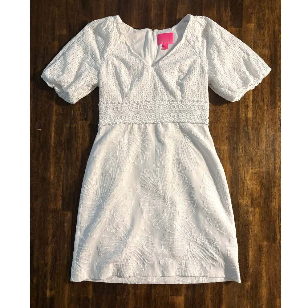 Lilly Pulitzer Women’s 6 Jazlyn Dress Eyelet Puff Short Sleeve V Neck Cotton